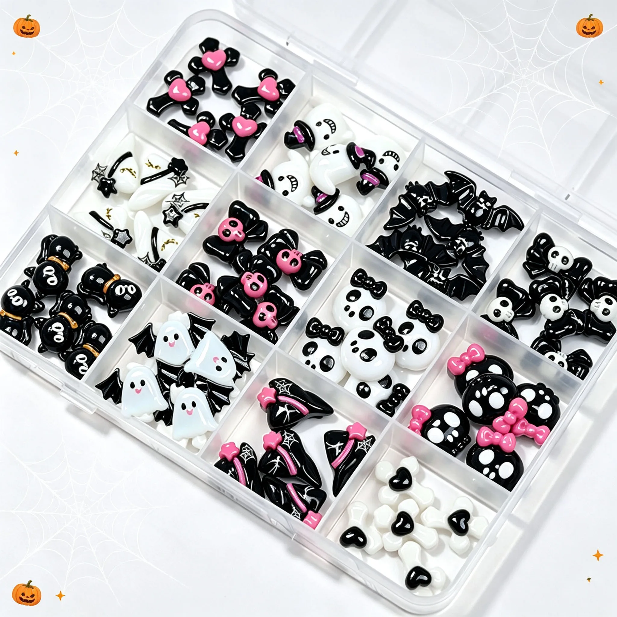 12er-Set 3D Schwarz-Weiß Halloween Nagel-Charms: Niedliche Totenkopf-/Geister-/Kreuz-/Katzen-/Kürbis-/Fledermaus-Nagelsteine aus Harz mit flacher Rückseite zur Nageldekoration – Detail 5