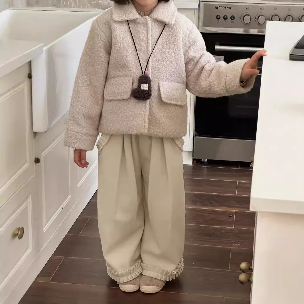 Girls Pants Autumn Winter 2024 New Fashion Wood Ear Edge Girls Flannel Pants Wide Leg Pants Autumn Simple Casual Trousers image 4
