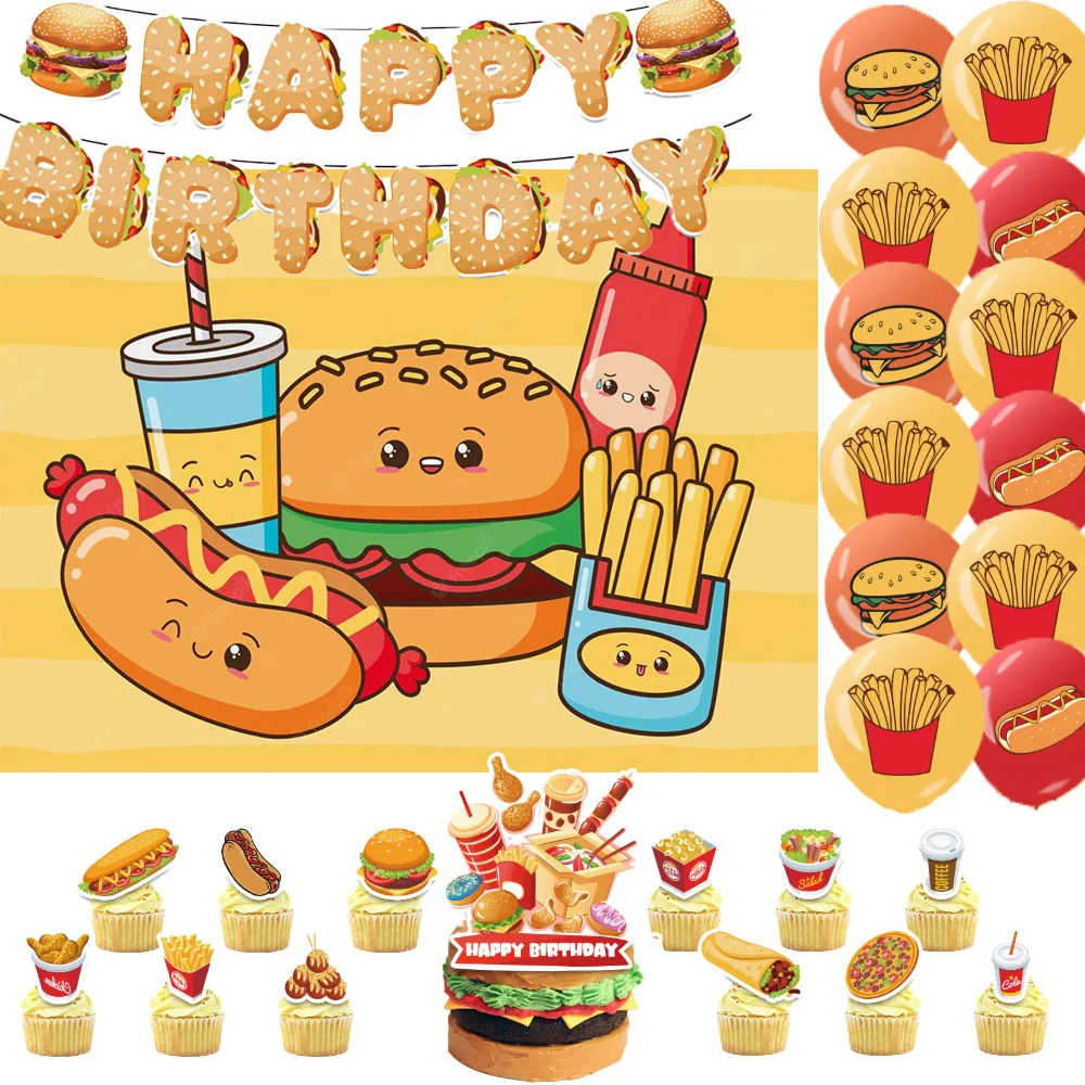 

Fast Food Party Decoration French Fries Hamburger Hot Dog Backdrop Supplies Birthday Balloons Set Banner Cake Topper Kids Gift