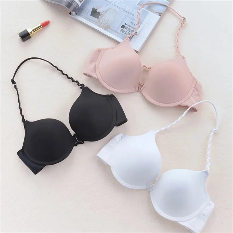 Fashion Solid Color Bra V-neck Smooth Comfortable Gathering Bra Push Up Lingerie Adjustable Women\'s Underwear Front Button Top