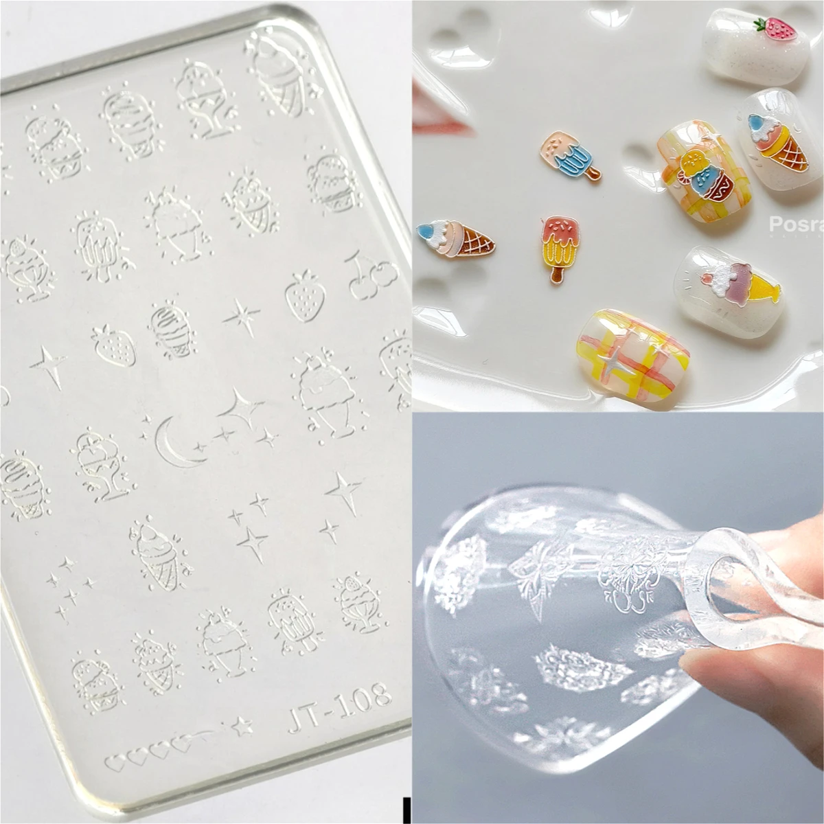 

Summer Ice Cream Popsicle Cherry Strawberry 3D Reliefs Silicone Nail Art Accessory Lovely UV Gel Manicure Mold DIY Carving Mould