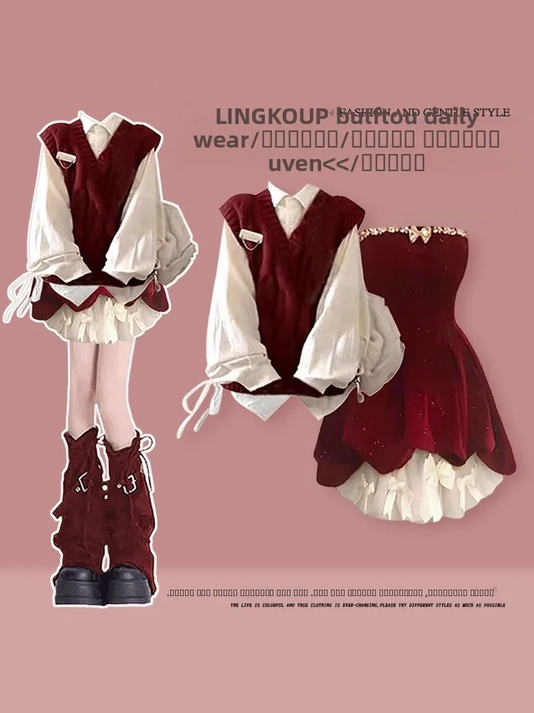 

Red Cisas Spirit Women's Outfit Set Ele Autumn Winter Tee-Piece Ensemble with Crop Top And Dr Casual Sle