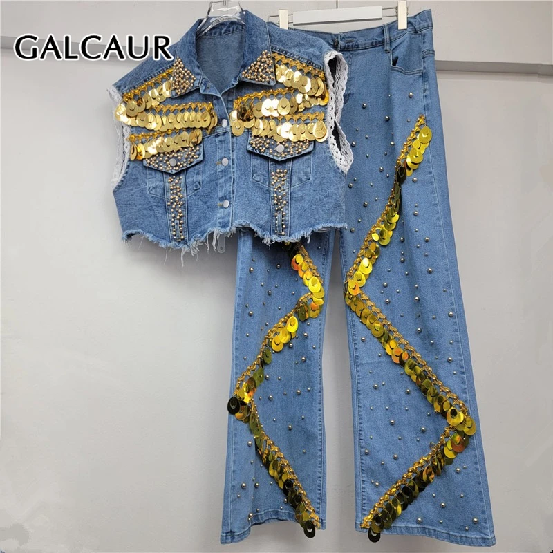

GALCAUR Fashion Cowboy Spliced Sequins Two Piece Sets for Women Lapel Sleeveless Vest High Waist Wide Leg Pants Set Female Style