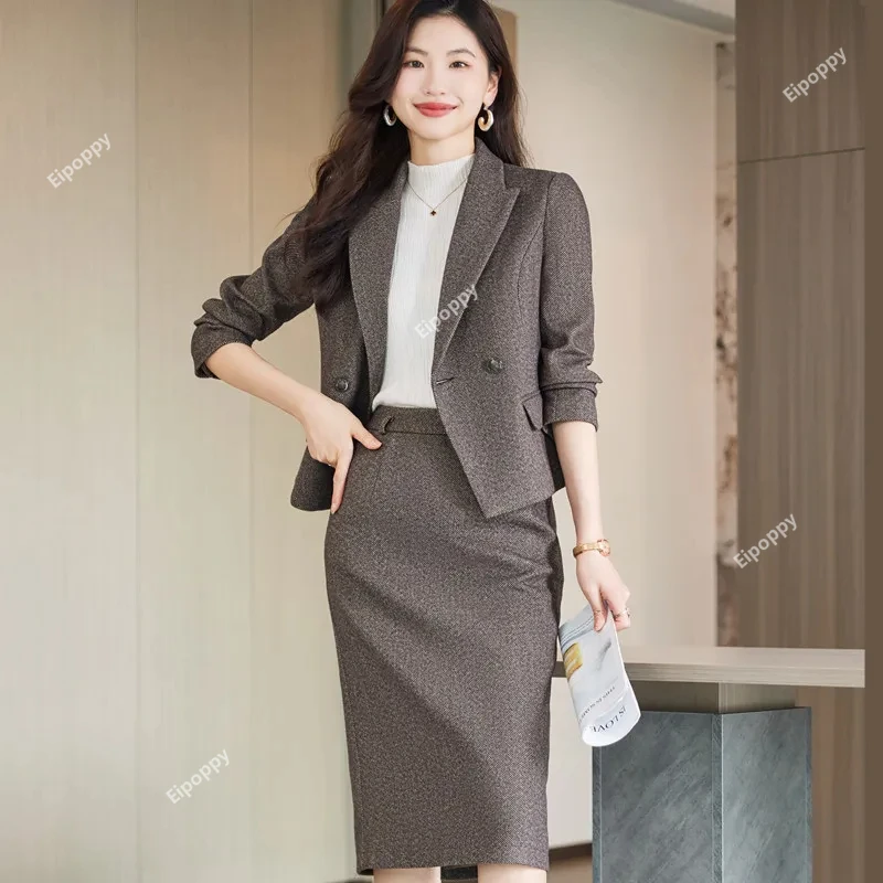 Costumes jupe formels pour femmes, vêtements de travail élégants pour dames, blazer de bureau, ensemble 2 pièces, gris, café, rose, nouveau, 2024