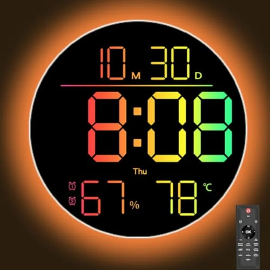 

LED Wall Clock with Ambient Light, Auto-Dimming, Color/Time/Date/Temp/Humidity Display, Dual Alarms and Timer, Adjustment Brigh
