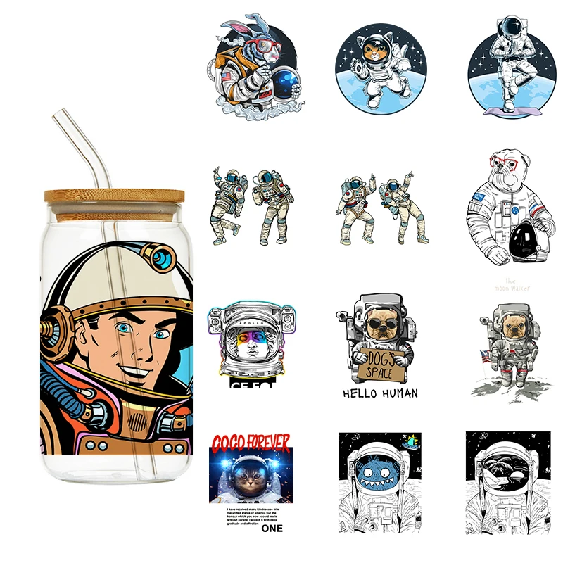 LETOP 1PCS Astronaut Space Animals Moon Glass Cups 16Oz Cup Stickers Wrap Uv Dtf Impresora Sticker