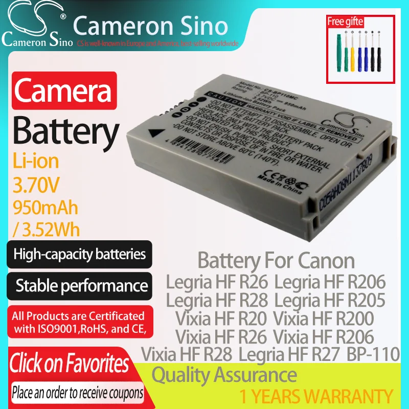 CameronSino Battery for Canon Legria HF R26 R28 R206 R205 R26 R27 Vixia HF R20 R21 R200 R26 R28 fits Canon BP-110 camera battery