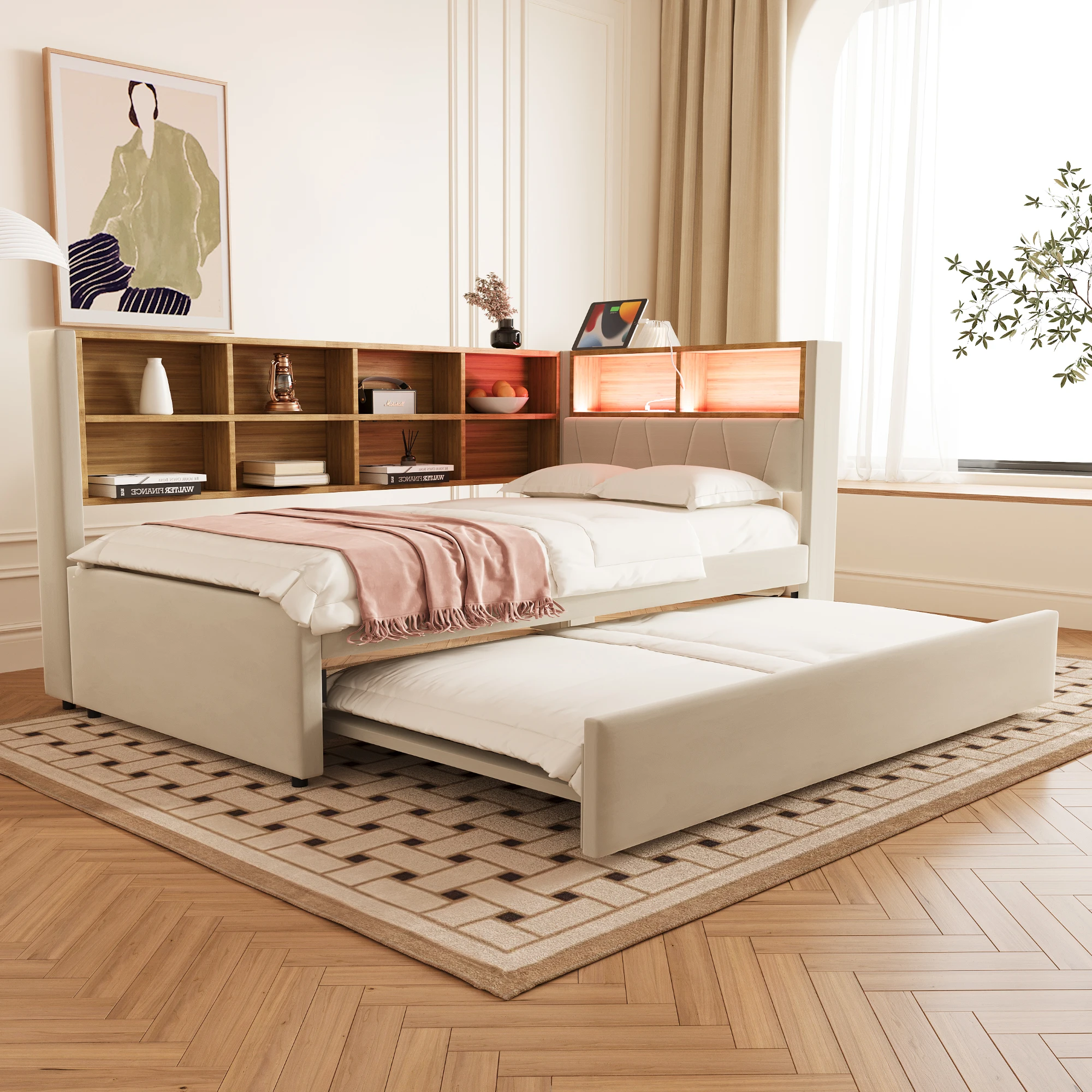 Cama de 90x200 y 90x190 cm, con LED y almacenamiento, resistente, para habitación de invitados, franela beige, colchón no incluido