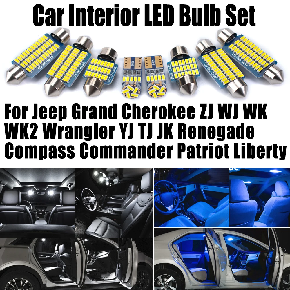 

Для Jeep Grand Cherokee ZJ WJ WK WK2 Wrangler YJ TJ JK Renegade Compass Commander Patriot Liberty светодиодные лампы комплект внутреннего освещения