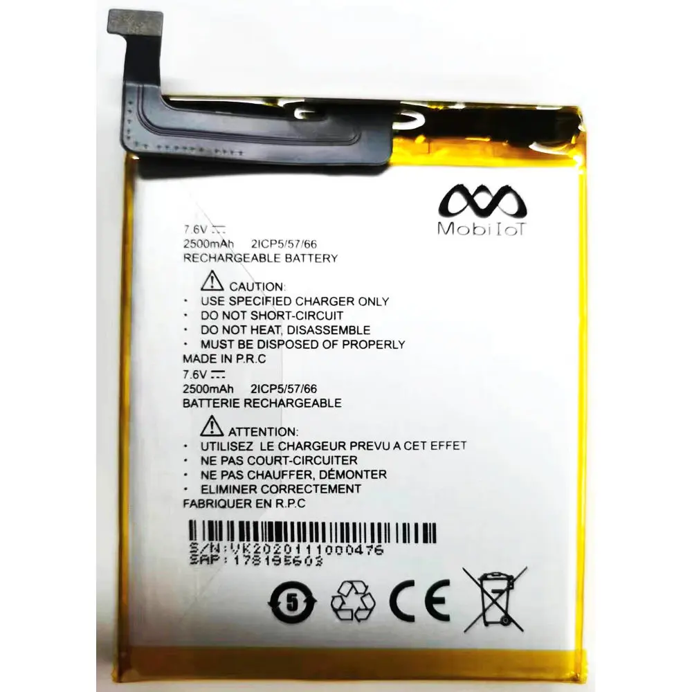 

MobiIOT-Rechargeable Battery,ZAP1522, 7.6V, 2500mAh, 2ICP5/57/66, S/N: VK2020111000476, PAD: 178195603, New