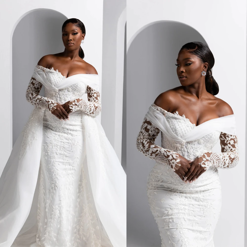 Elegant Appliques Wedding Dresses Lace Mermaid Bridal Gowns Detachable Train Long Sleeves Slim Fit Customized Vestidos De Novia