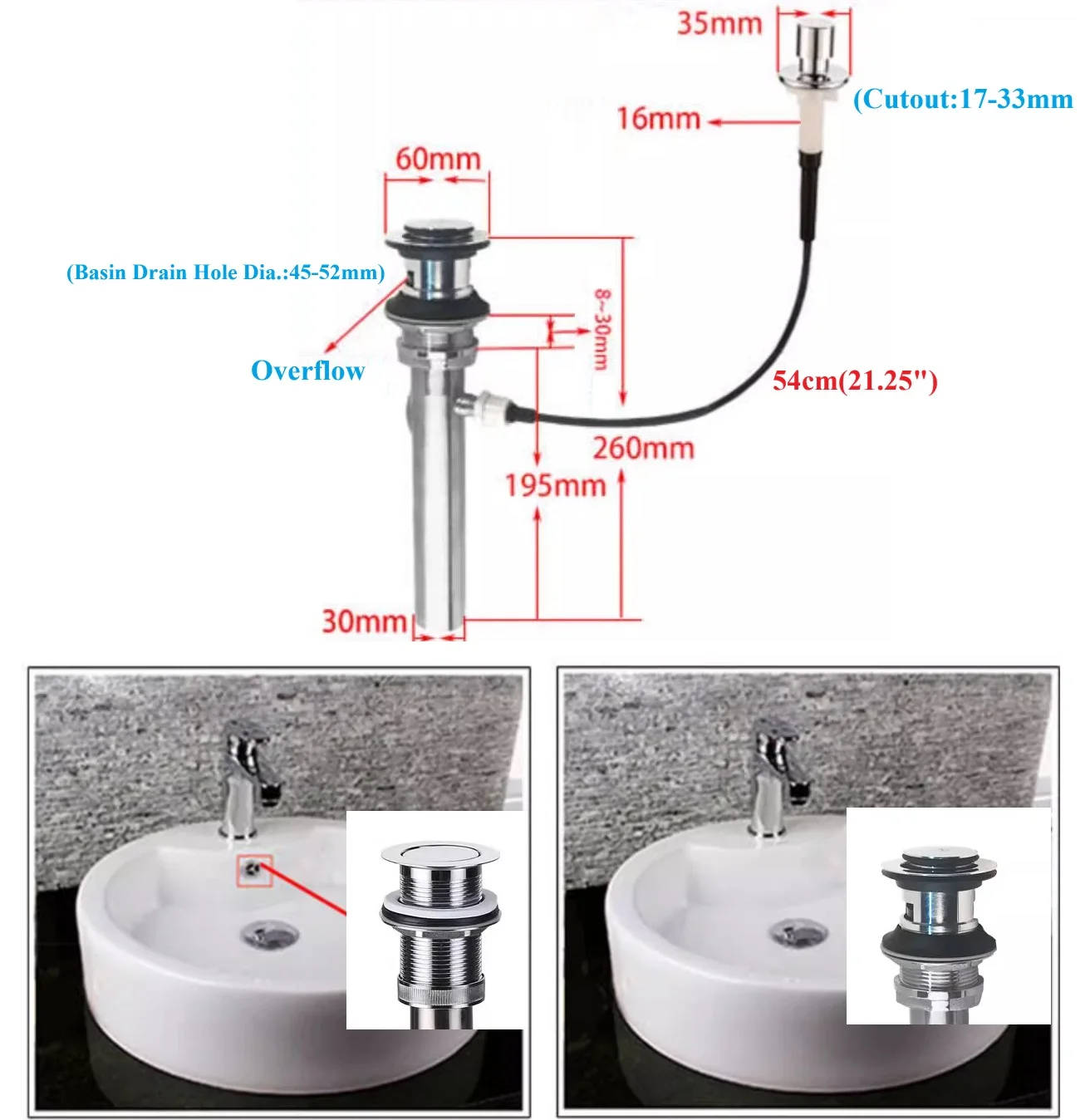 1Pc Cable-operated Basin Drain Brass Worktop Mount Press Button