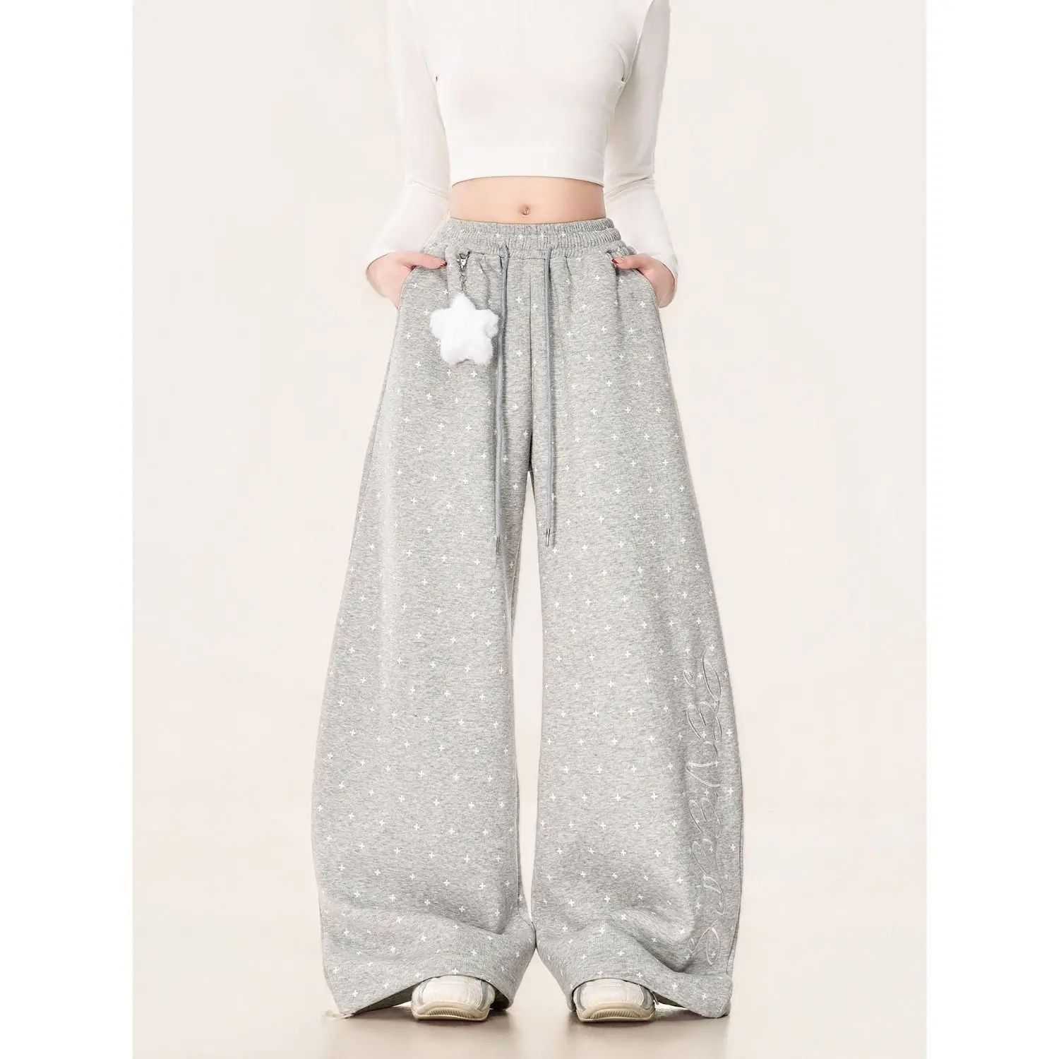 American Star-printed Gray Wide-leg Pants For Women Autumn Sweatpants Loose Flowing Jazz Dance Floor-length Bell Bottoms Fashion