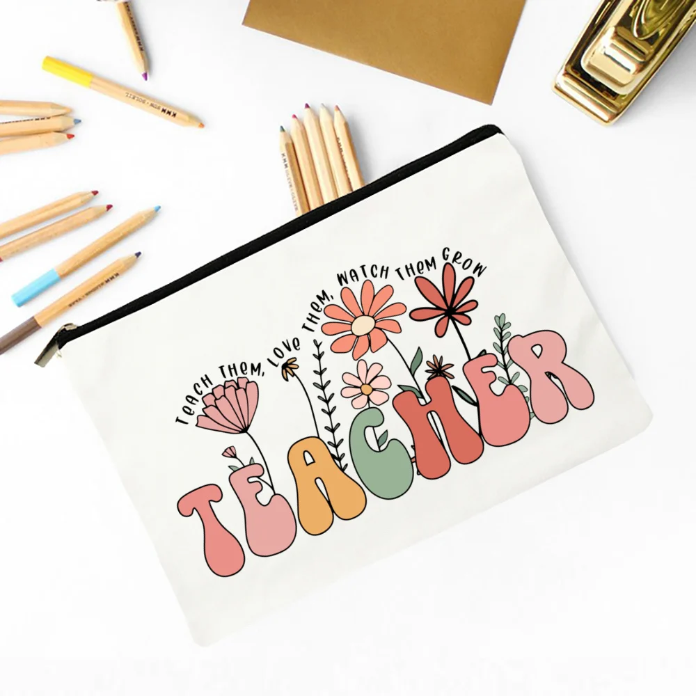 Teacher Flower Print School Stationery Supplies Storage Bags Wash Pouch Cosmetic Bags Teacher Gift Pencil Case Travel Makeup Bag