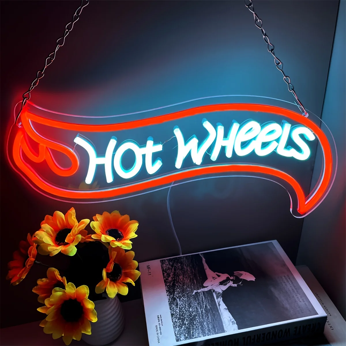 Hot Wheels Neon Hanging Wall Light LED Sign for Music Festivals, Bars, Bedrooms Theme Parties Decor Birthday Gift and Mood Light