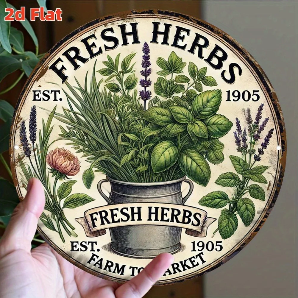 7,8" 2D flaches, rustikales, rundes Vintage-Kräutergartenschild aus Aluminium – Design „Fresh Herbs“, EST. 1905, Bauernhaus-Küchendekoration