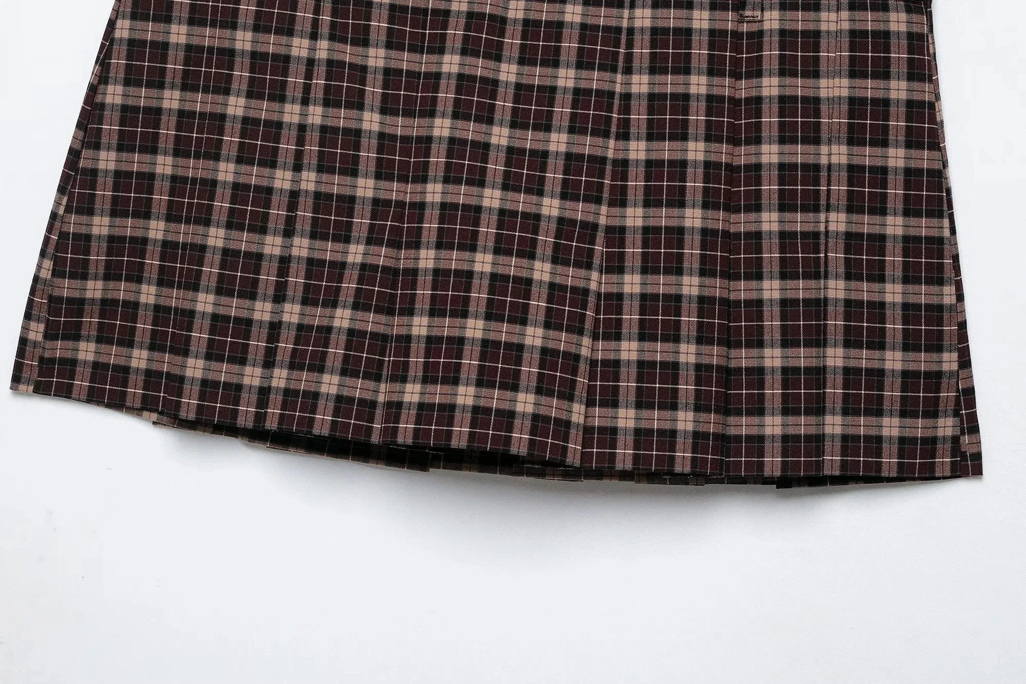 KONDALA Lässiger Chic Damenanzug, Karierter Stehkragen, Langarm, Reißverschluss, Kurzer Mantel, Faltenrock, Shorts, Mode 2026 Herbst-Urlaubsset – Detail 18