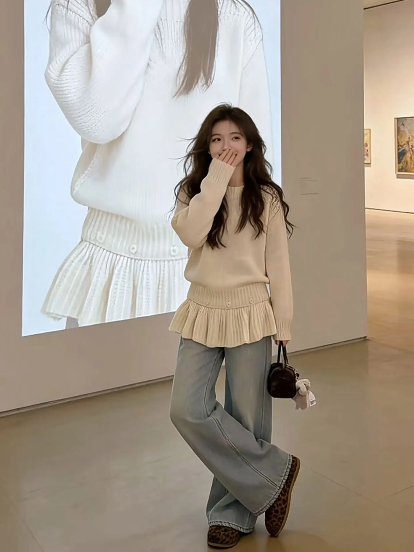 Loose Oversized Women's Knitted Sweater with Lace Trim Shoulder Detail Autumn Casual Style Long Sleeve T-Shirt Style Top