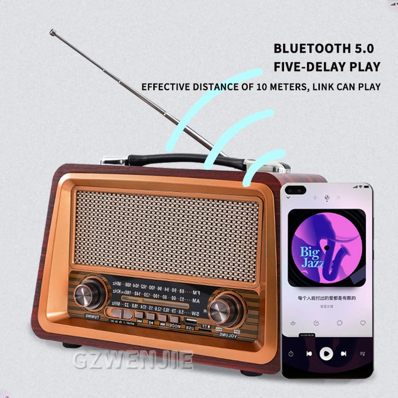 High Quality Wooden Retro Portable Radio Music Player AM/FM/SW Multi-function Bluetooth Speaker Subwoofer Card Audio Caixadesom