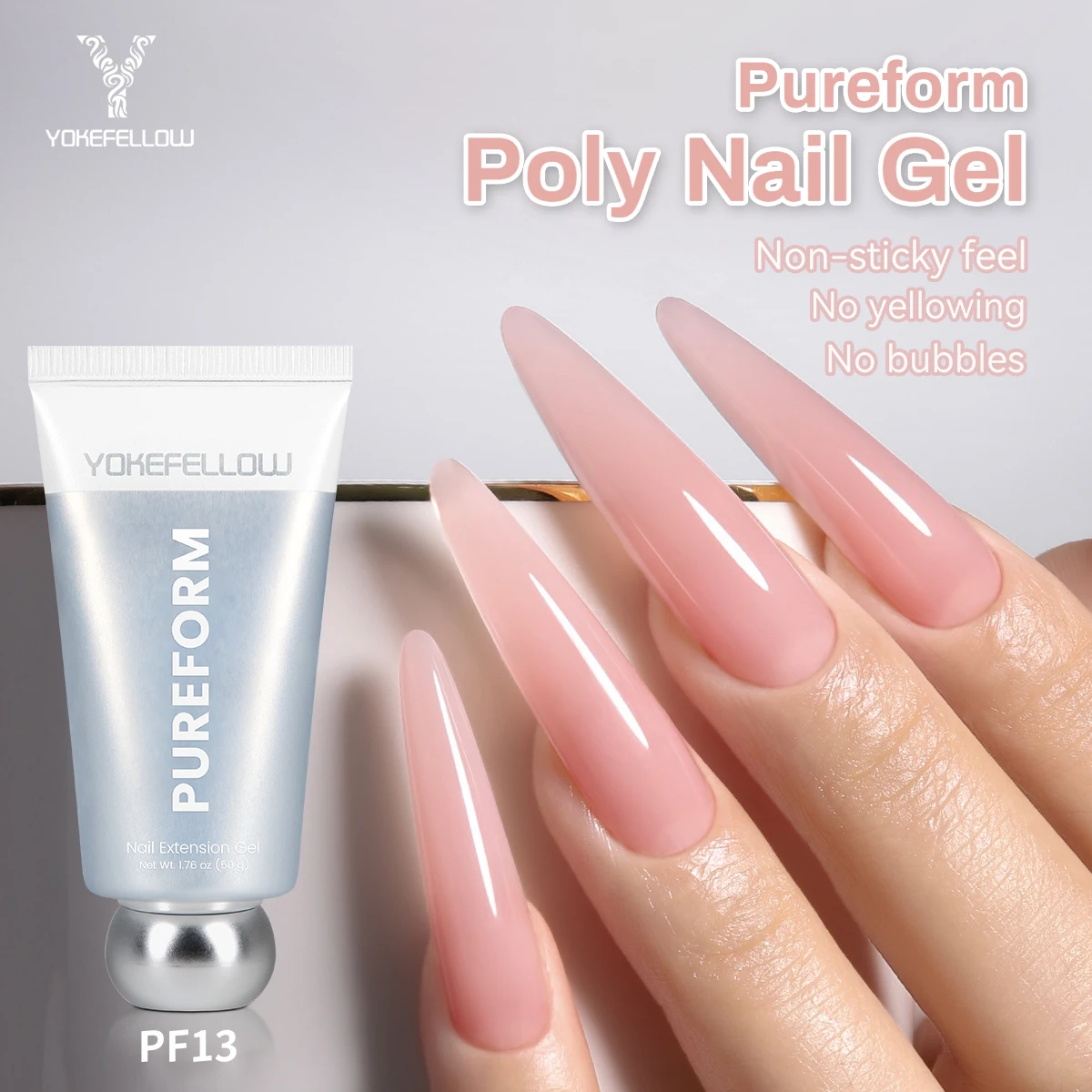 

YOKEFELLOW Pureform Poly Nail Gel 50g HEMA TPO Free Light Rosy Pink Nail Extension Gel for Professional Nail Art Salon Use PF13