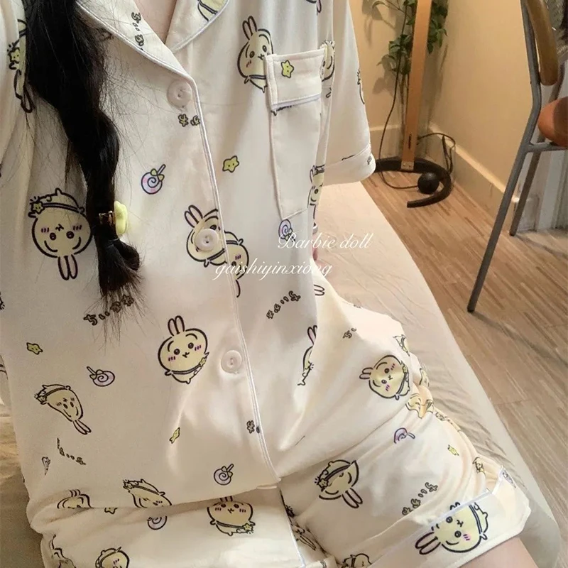 

Kawaii Chiikawas Pajamas Set Hachiware Usagi Anime Summer Home Cartoon Pajamas Short Sleeved Shorts Two Piece Set Girls