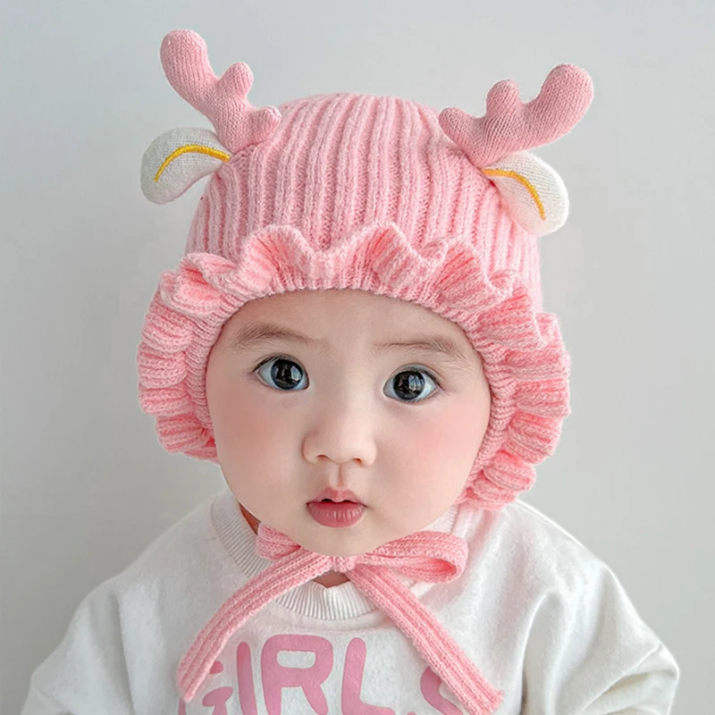 

Winter Baby Ear Protection Hat Cute Cartoon Toddler Lace-up Beanies 3-16M Infant Thick Woolen Knit Pullover Cap Kids Warm Bonnet