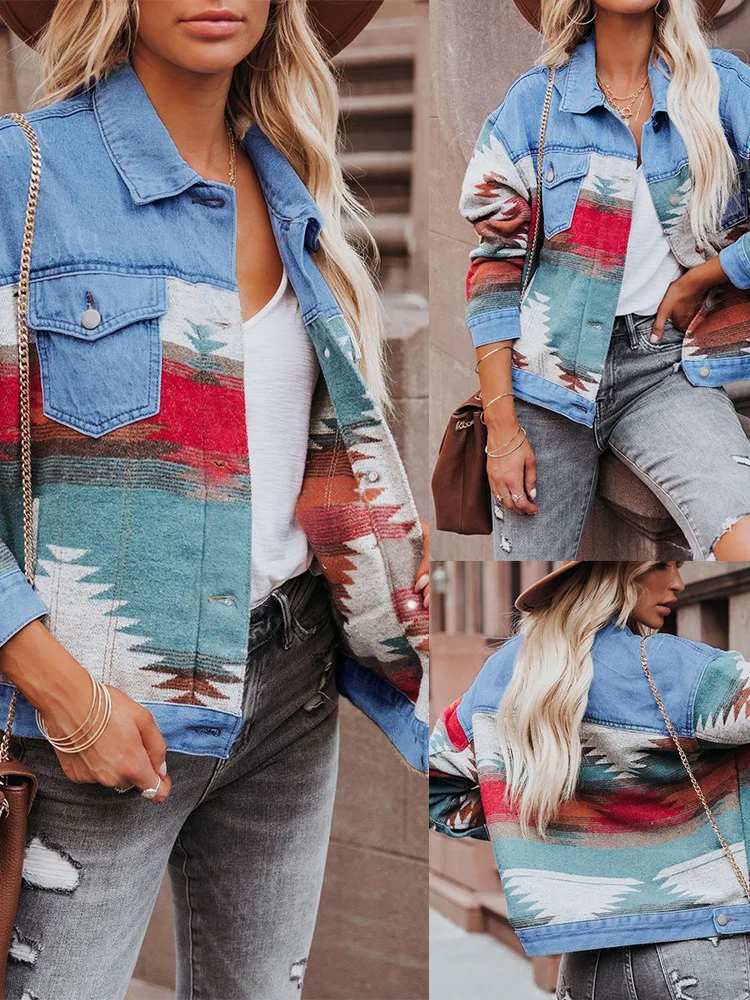 

Street Sle Color-Matched Denim ort Jaet Women's Casual Loose Fit Breathable Polyester Fiber Long Sve Button-Up Coat