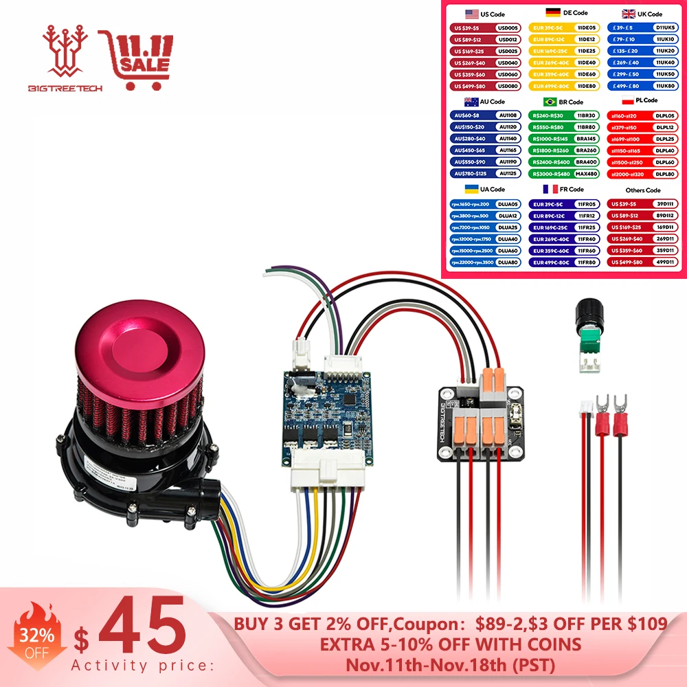 BIGTREETECH Universele Turbo Kit 24V Borstelloze Centrifugaal Luchtblazer WS7040 Blower Fan 6.5kpa