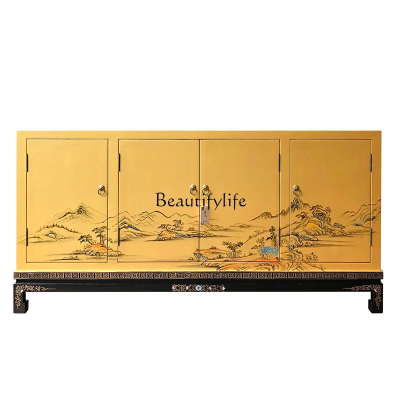 

New Chinese style dining side cabinet integrated against the wall tea cabinet table solid wood painting