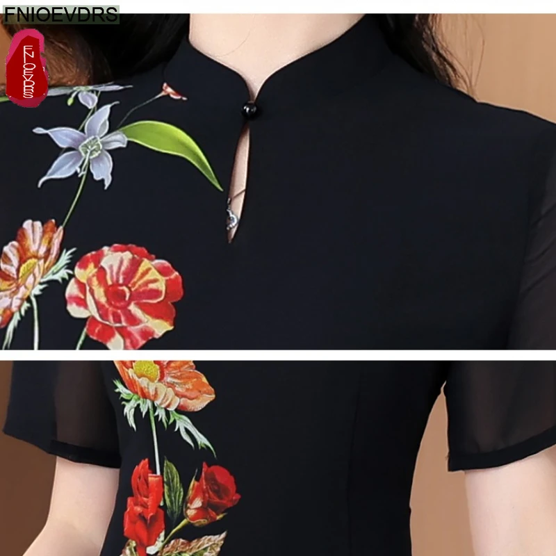 Chic ผู้หญิงเกาหลี Vestidos ผู้หญิงสไตล์จีน Elegant Lady ดอกไม้ Retro Vintage ยาว Maxi สีดําเสื้อคอปกชุด