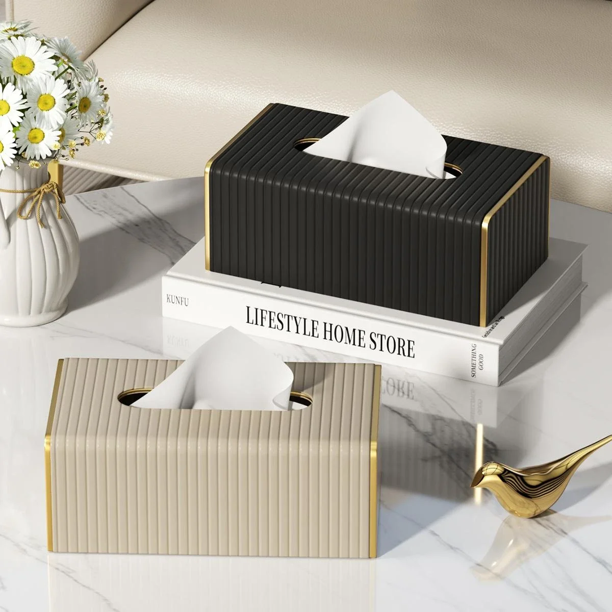 

Tissue Box Cover,White Rectangle Leather Tissue Box Holder with Gold-Tone Edging Decoration,Decorative Tissue Cover for Bathroom