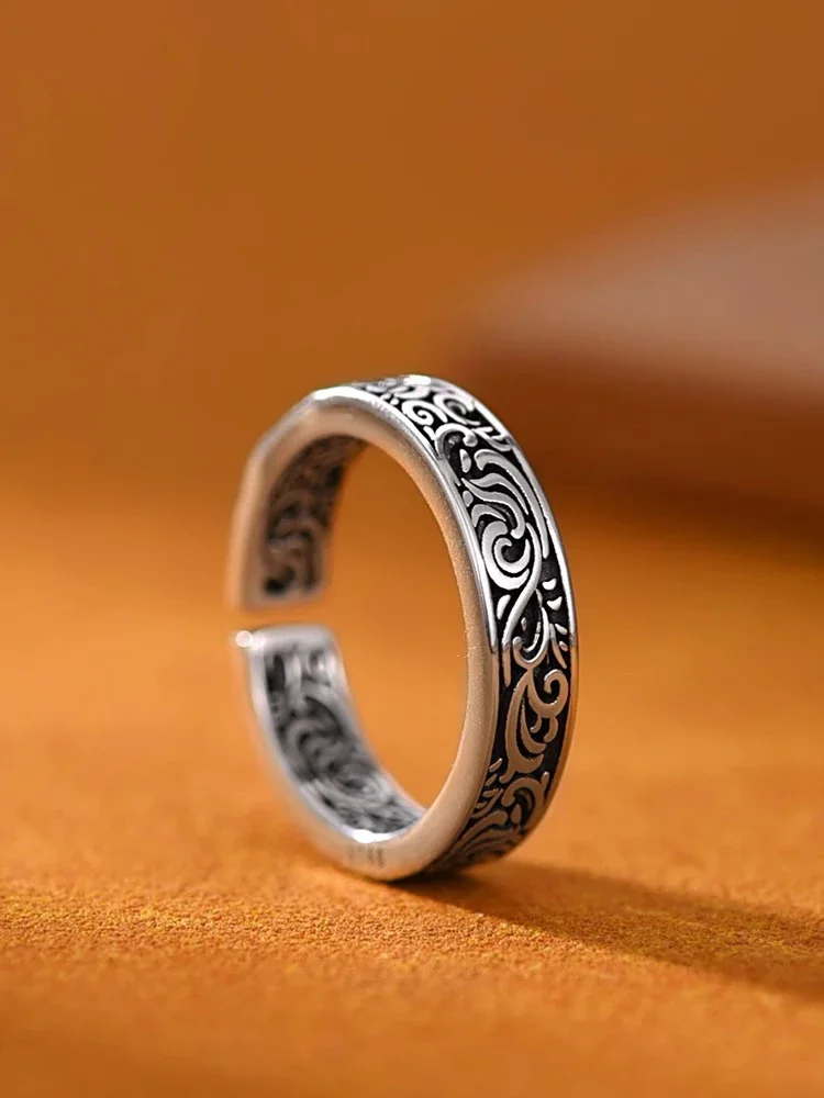 New Silver Color Retro Old Tang Grass Pattern Rings for Women Classic French Boys' Index Finger Ring Gift Gothic Jewelry