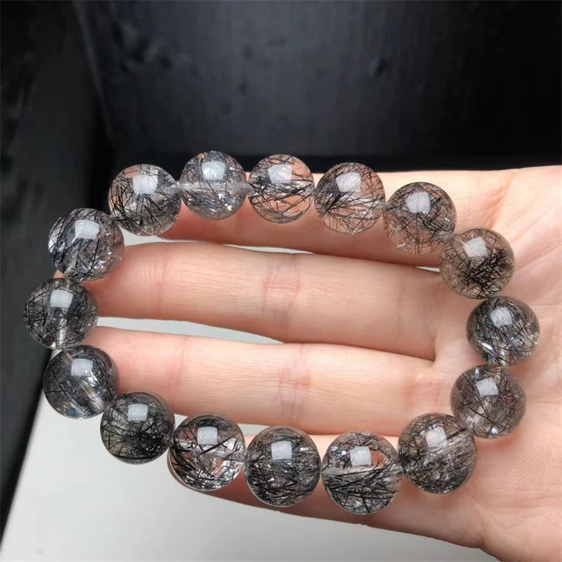 13.5MM Natural Black Hair Quartz Bracelet Handmade Crystal Jewelry Stretch Bangle Children Birthday Gift 1pcs