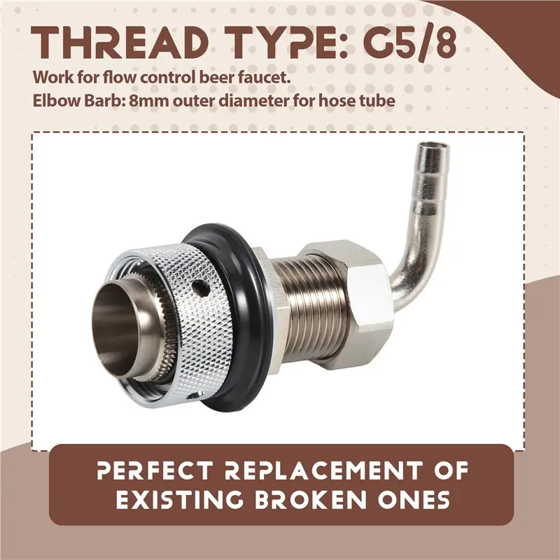 DT19-Beer Tap Faucet Shank With 8Mm Barber Elbow, Chrome Plate Brass Shank G5/8 For Adjustable Tap Draft Beer Dispenser Home Bre