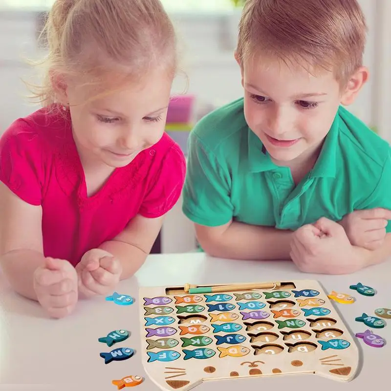 Magnetisch visspel Leuke katvorm Houten visspel Interactief speelgoed voor fijne motoriek met 2-polen Visvangspel voor