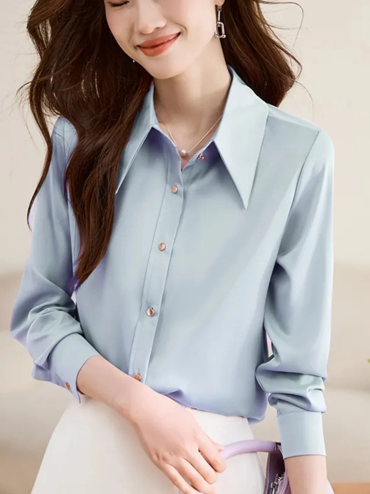 

Long Sleeve Shirts Womens Loose Fit Cotton Tops With Turn-Down Collar And Decorative Pockets For Spring Preppy Everyday Workwear