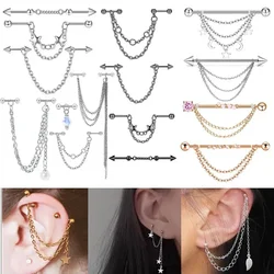 Double Piercing Chain Stud Earring Industrial Piercing Chain Earrings Tassel Cartilage Helix Jewelry Connected Stud Earring Lobe