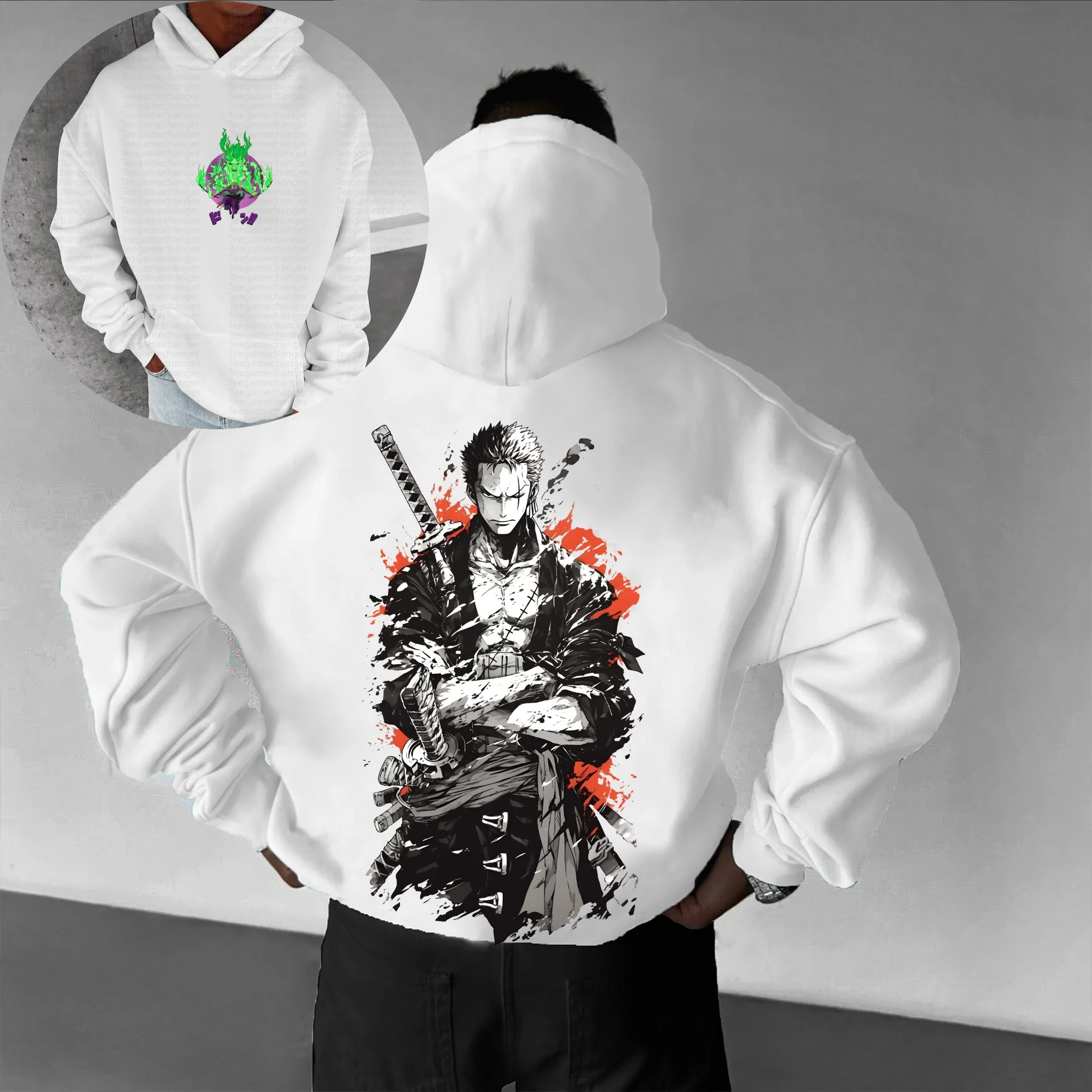 

One Piece Zoro Roronoa Three Swords Anime Hoodie Men White Black Cotton Casual Long Sleeve Autumn Winter Streetwear Fashion
