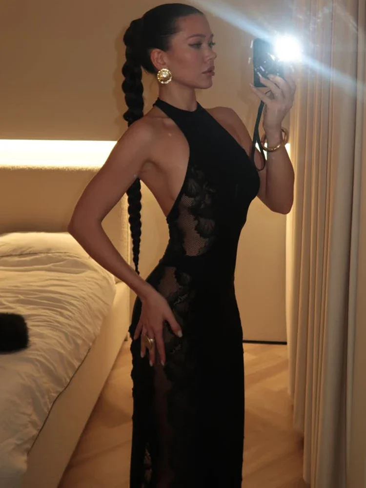 Chaxiaoa dentelle imprimé dos nu Sexy robe Maxi femmes élégant Patchwork licou épaules dénudées sans manches moulante Club robe de soirée