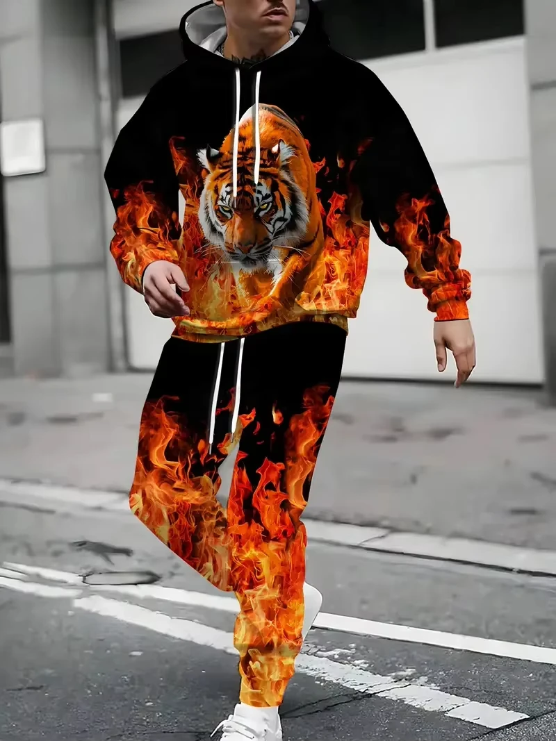 

Комплекты из двух предметов с капюшоном и брюками Flame Animal Tiger Graffiti 3D Rint Set Мужчины Женщины Модная толстовка + брюки Костюм из 2 предметов Спортивный спортивный костюм