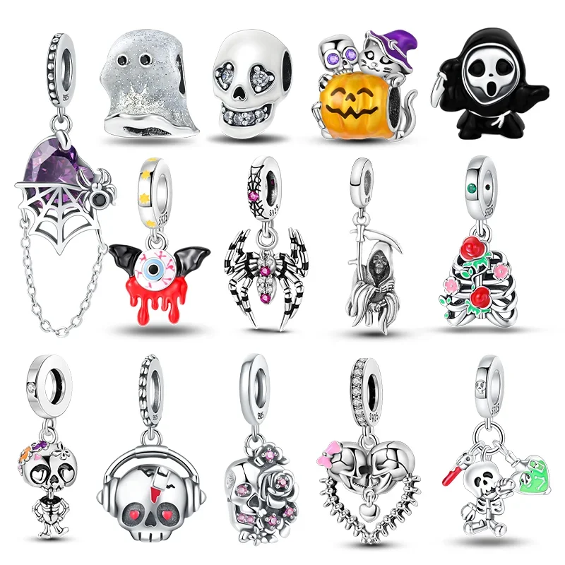 Prawdziwe srebro S925 Luminous Halloween Charms Zombie szkielet dynda koralik Fit oryginalna bransoletka DIY piękna biżuteria prezenty dla kobiet