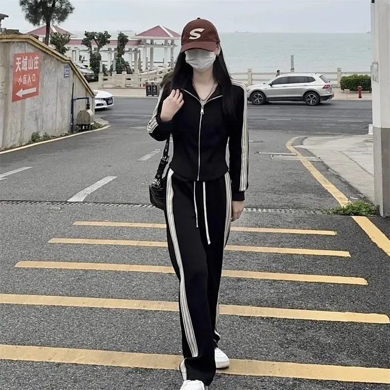 Korean Version Women\'s Sportswear Set Spring Autumn New Wide Leg Pant+Zipper Coat Casual Loose Sports Two-piece Set for Women