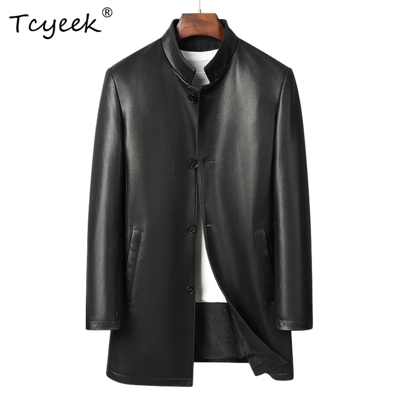 

Tcyeek Genuine Sheepskin Spring Autumn Trendy Stand Collar Medium Length Black Men's Genuine Leather Jacket Jaquetas Masculino