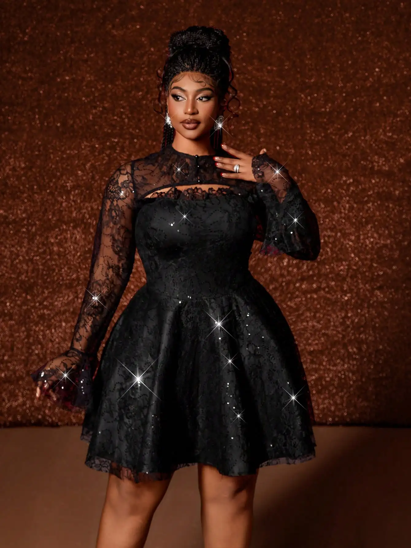 

Black Lace Long Sleeve Sequined A-Line Dress with Cutout Detail