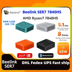 Beelink-SER7 Gaming Mini PC, Desktop Gamer, AMD Ryzen 7, 7840HS, TDP, 65W, 5.1GHZ, 32G, 1T, DDR5, Tela DDR4 K