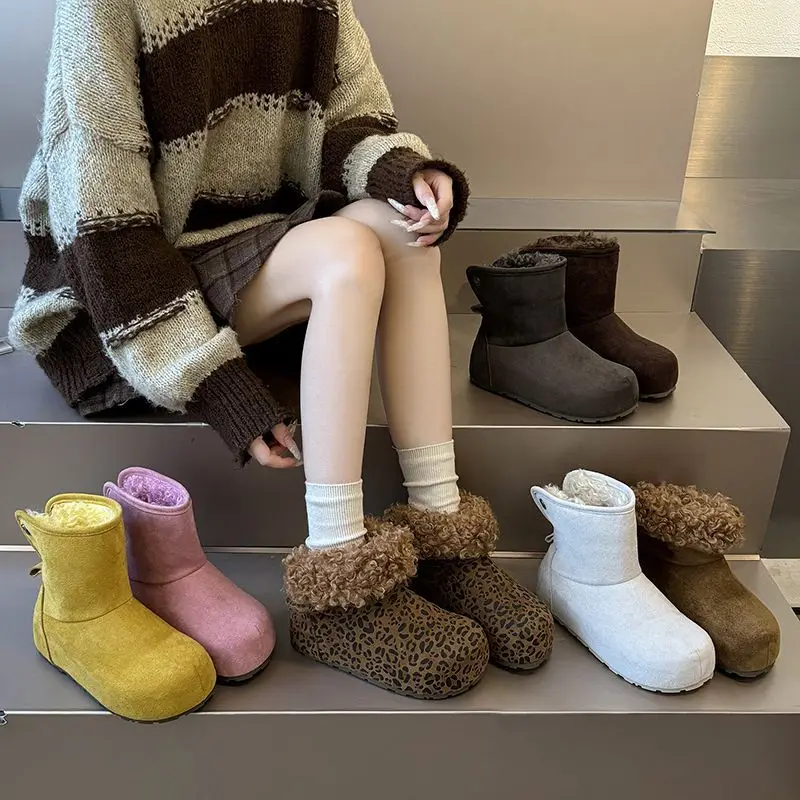 Candy Color Ugly Cute Big Head Snow Boots Women's Winter Platform Height-increasing Short Fluffy Boots Plush Warm Cotton Boots