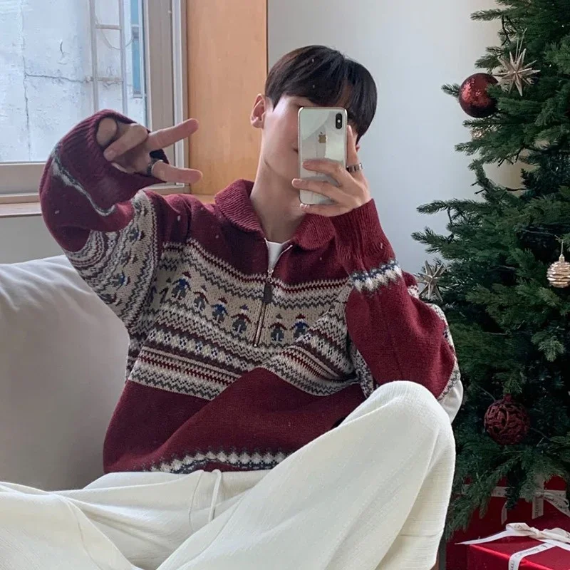 ウィンターフェアアイルハーフジップポロネックセーター メンズ Y2K ヴィンテージ クリスマス ニットプルオーバー 2025年新作 レッドニットウェア メンズジャージー