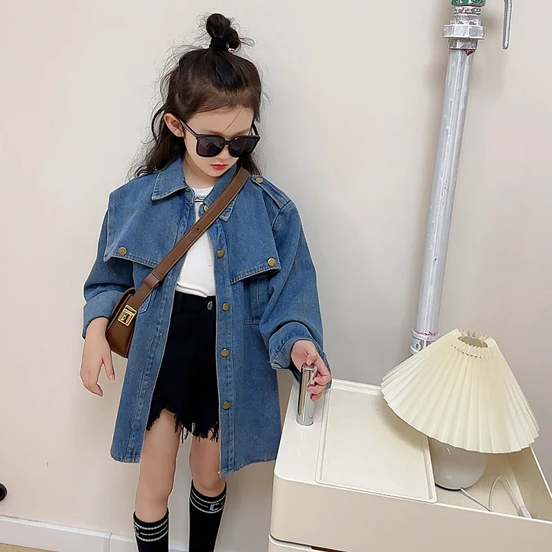 

Осенне-зимняя джинсовая куртка нестандартной формы для маленьких девочек, детское пальто, верхняя одежда для подростков, модная одежда, повседневное пальто с карманами для детей от 5 до 14 лет