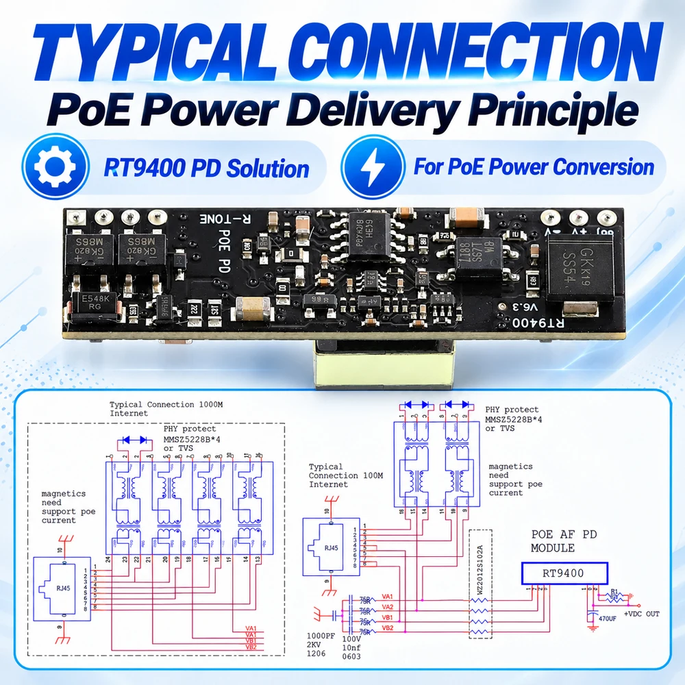 Moduł zasilający RT9400 POE PD moc AF Standard 13W 3.3V 5V 12V 24V — zdjęcie produktu 3