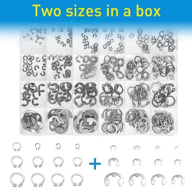327Pcs E-type Clips Washers Set 304 Stainless Steel Snap Ring Retaining C-clips Sealing Gasket Fasteners Kit Car Accessories